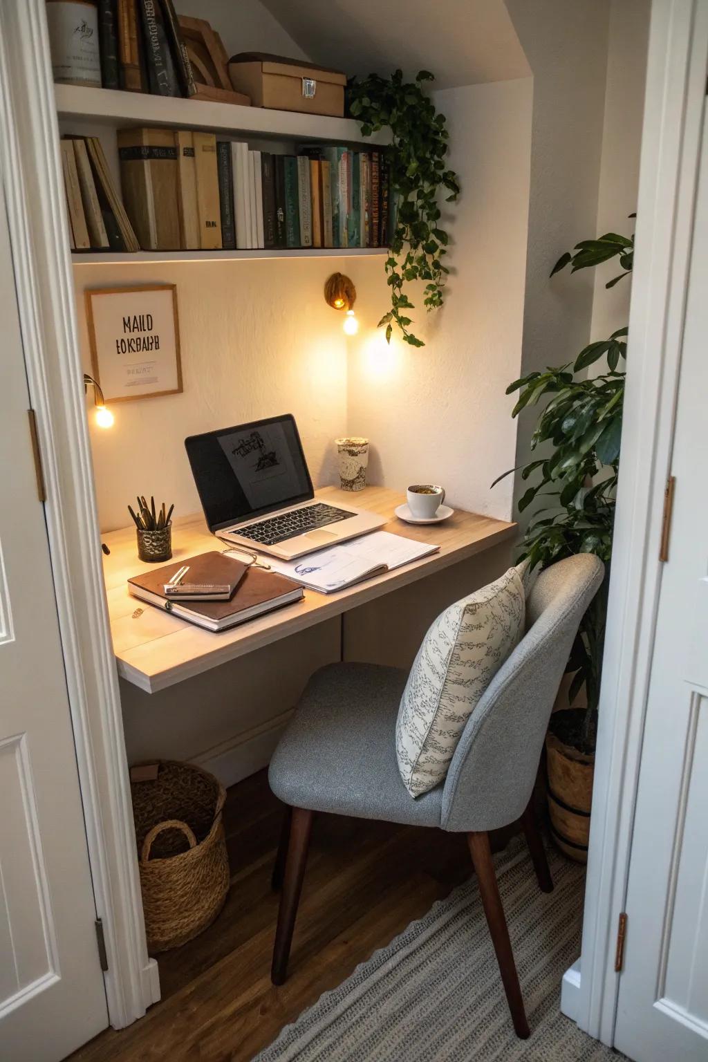 A small desk transforms a nook into a functional workspace.