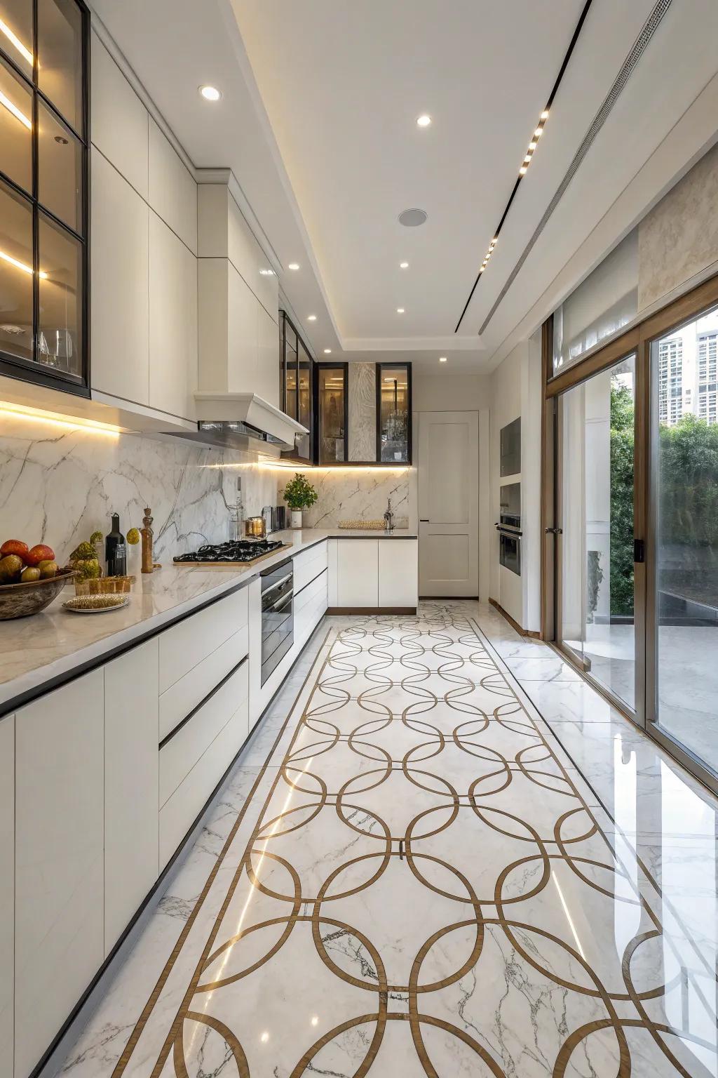 An artistic kitchen showcasing creative waterjet marble pattern floors.