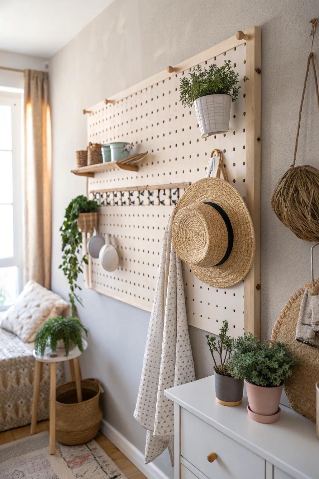 Elevate your small space with a stylish pegboard wall that marries Scandinavian simplicity with boho charm.