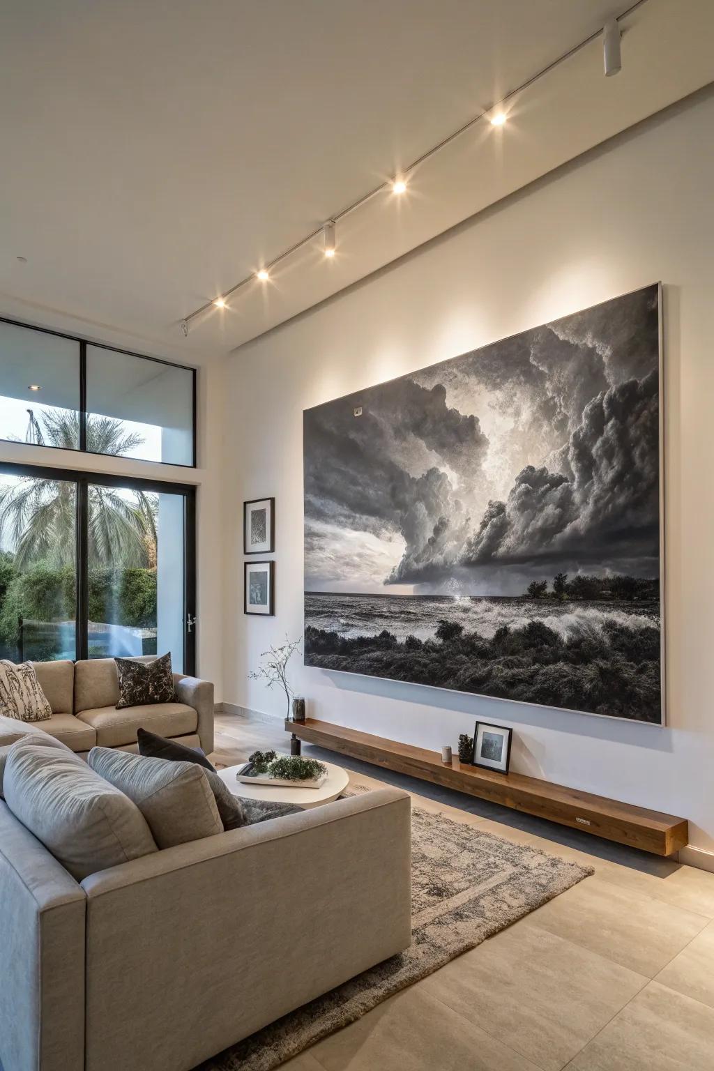 A dramatic black and white landscape with bold contrasts.