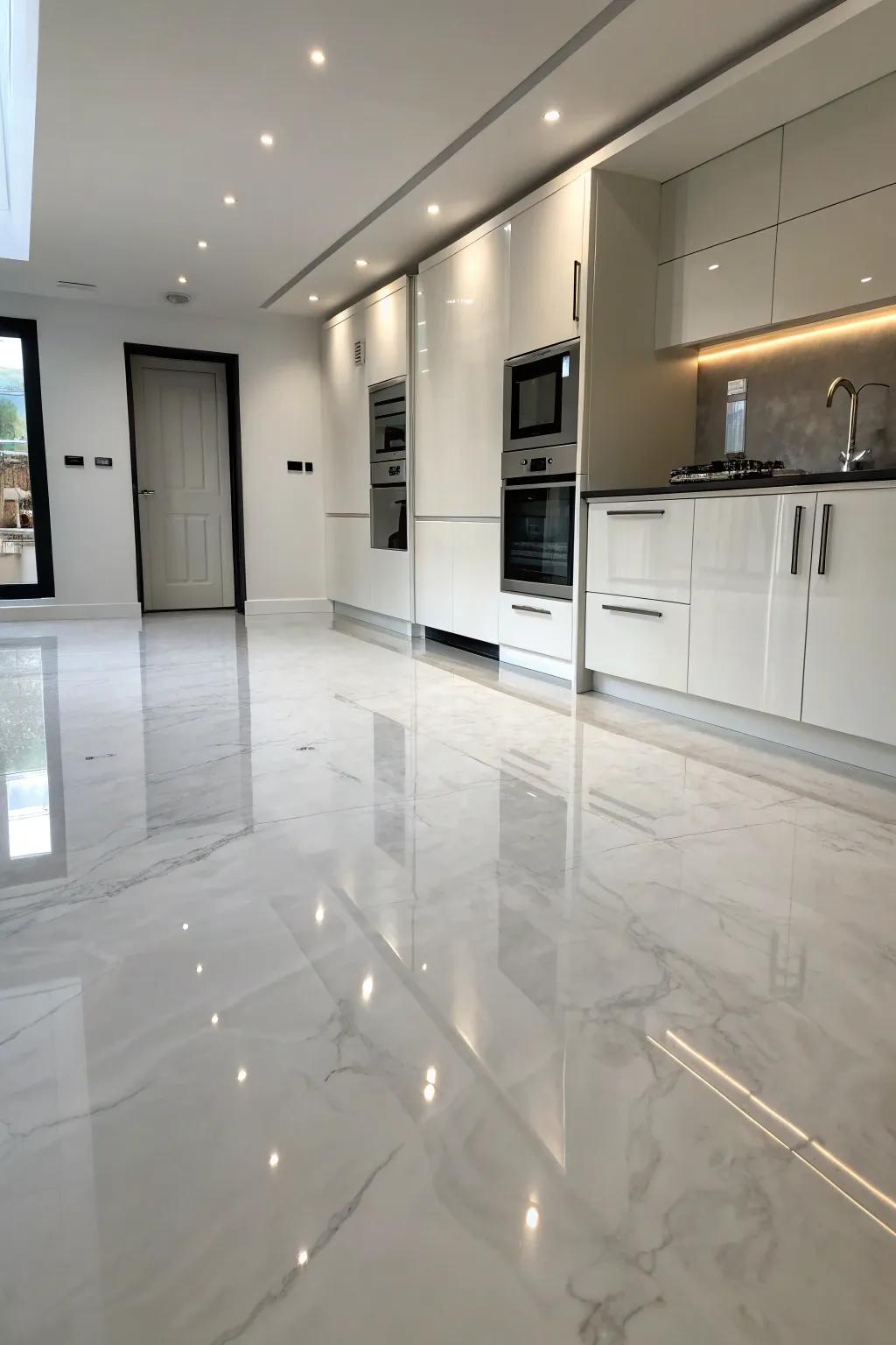 A sleek minimalist kitchen featuring a monochrome epoxy floor.