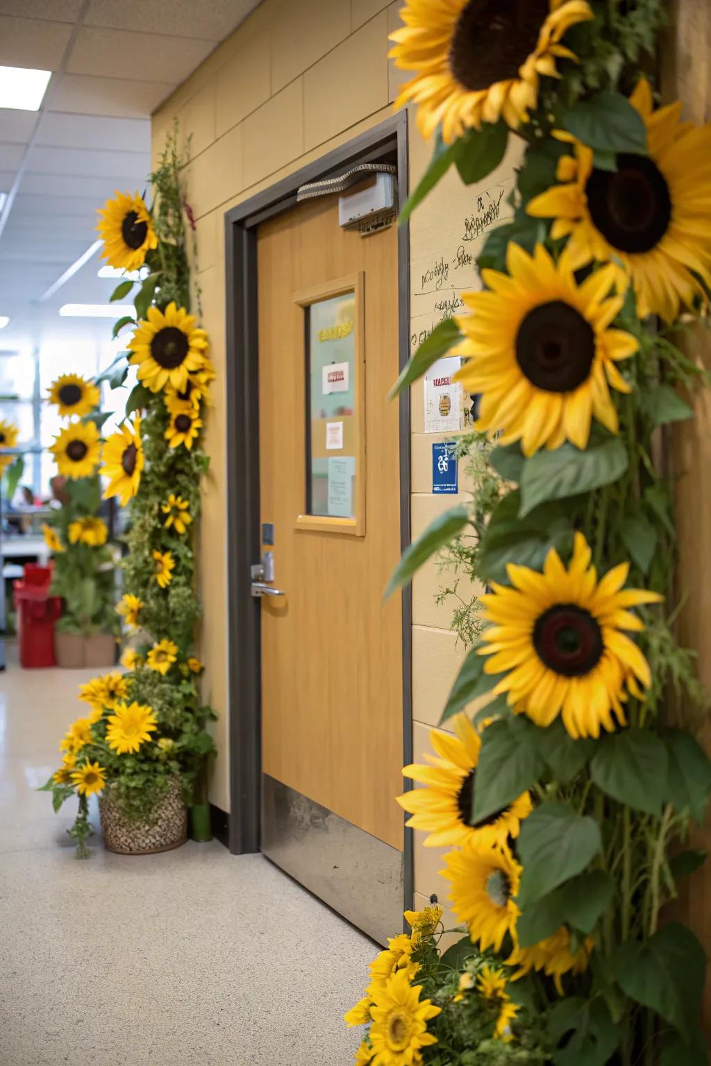 Sunflowers add a cheerful and vibrant touch to the classroom entrance.