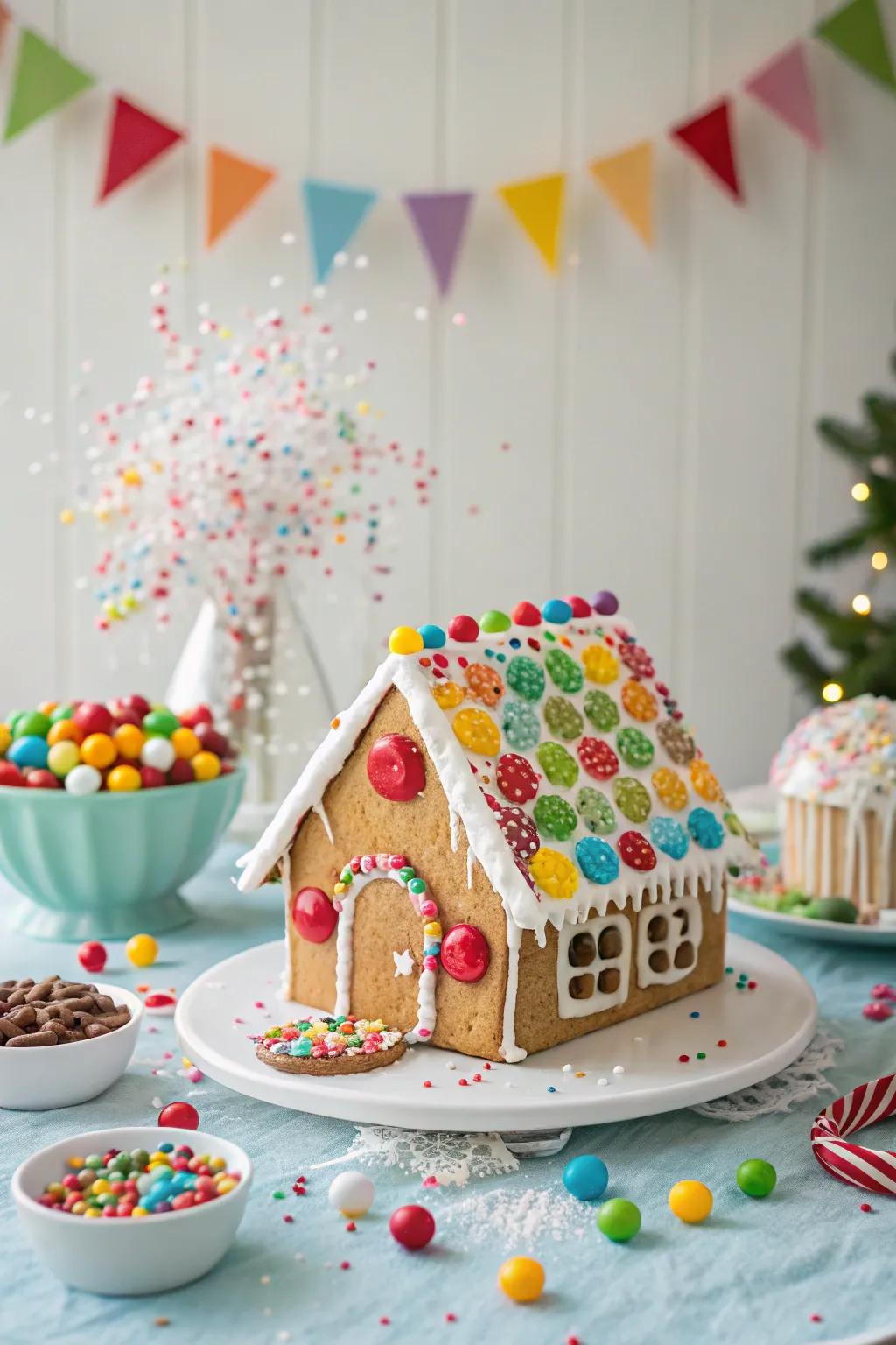 A vibrant candy explosion gingerbread house, perfect for adding a splash of color to the holidays.