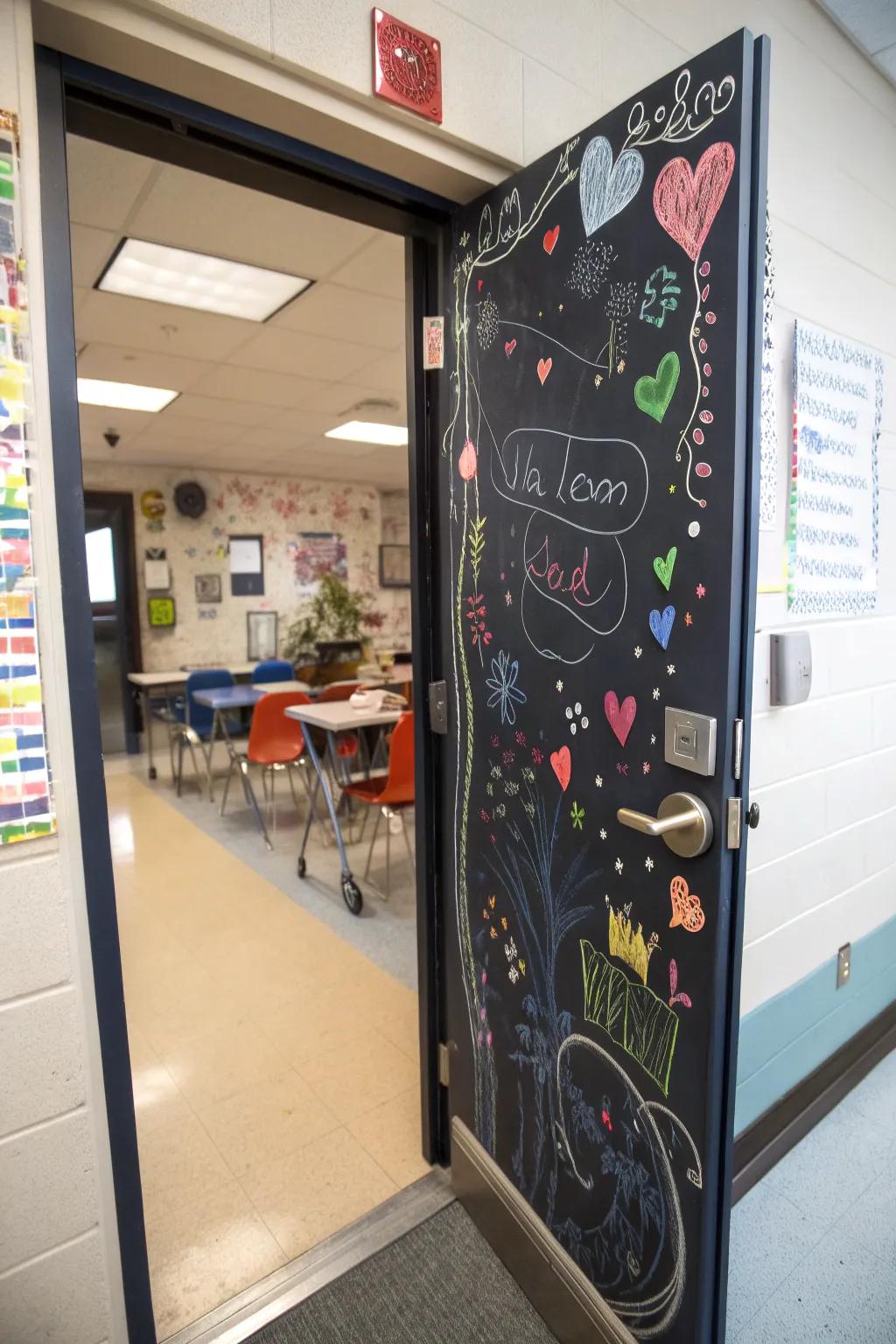 A chalkboard-themed door filled with gratitude