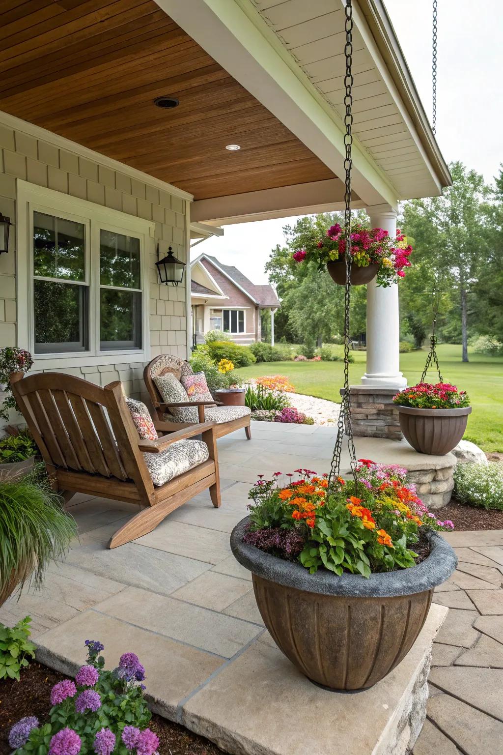 Artful planters adding a personal touch to a large front porch.