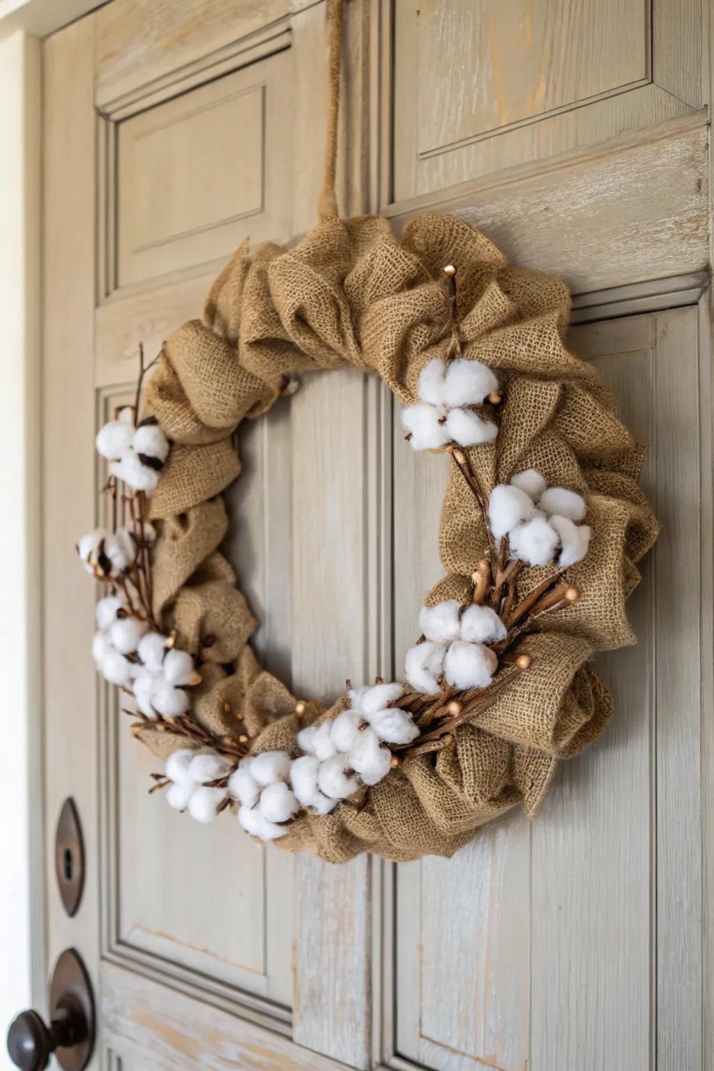 Welcome spring with farmhouse charm - a simple yet elegant burlap and cotton wreath for your door.