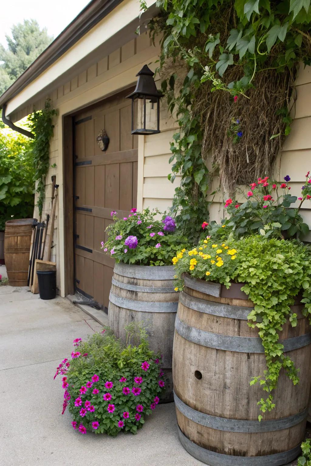 Rustic barrel planters adding charm and character to the garage area.