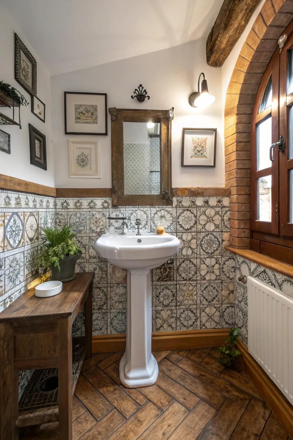 Unique eclectic bathroom design with a pedestal sink.