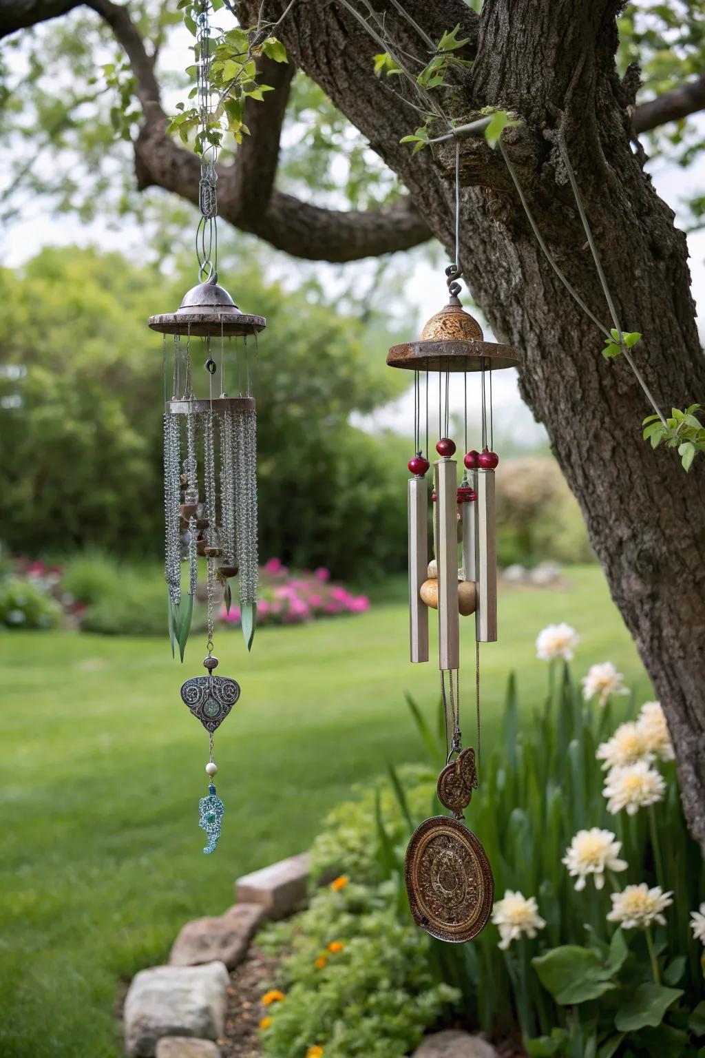 Whimsical wind chimes adding a musical touch.