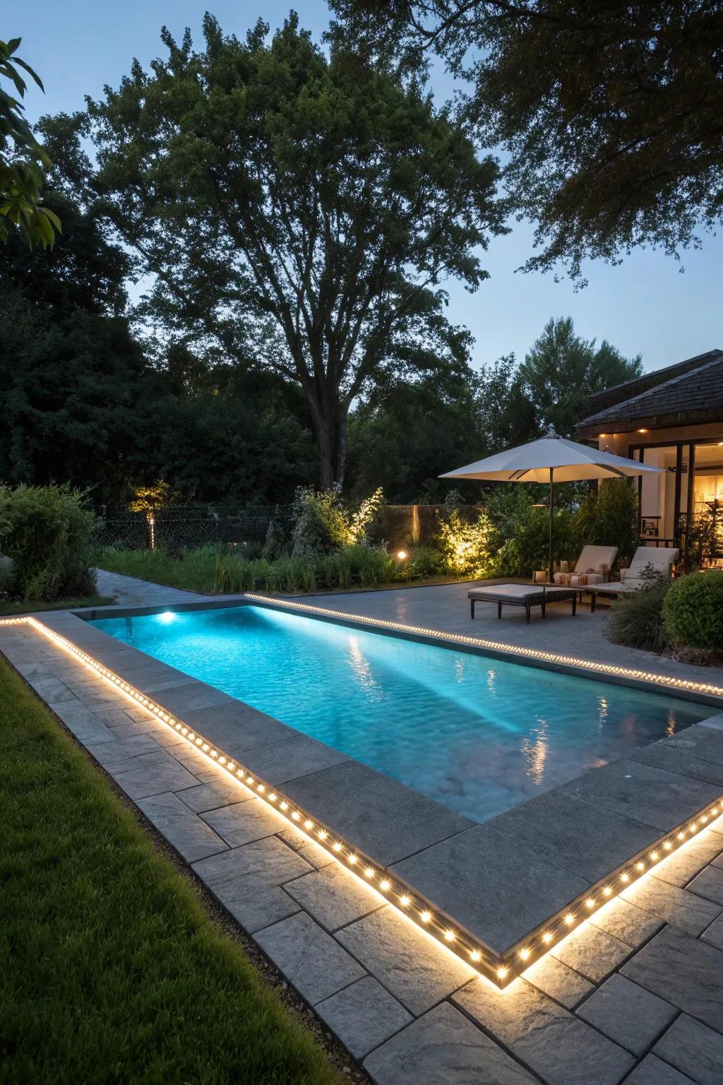LED strip lighting adds sleek safety and style to this pool surround.