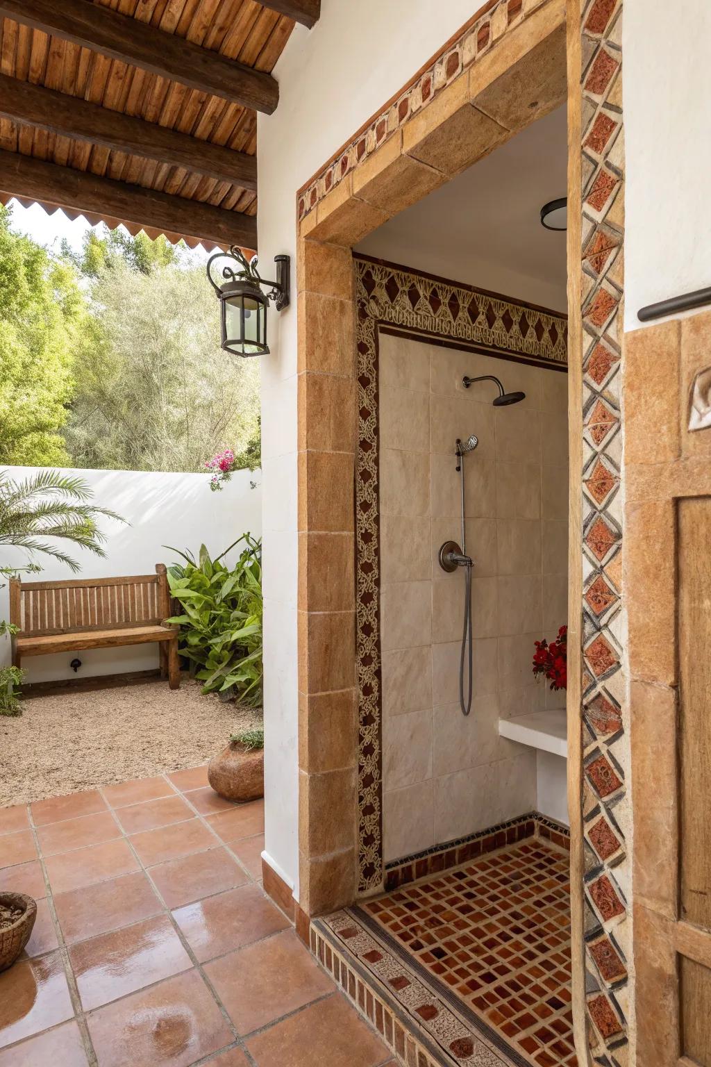 Mediterranean-style shower with terracotta tile edge trims