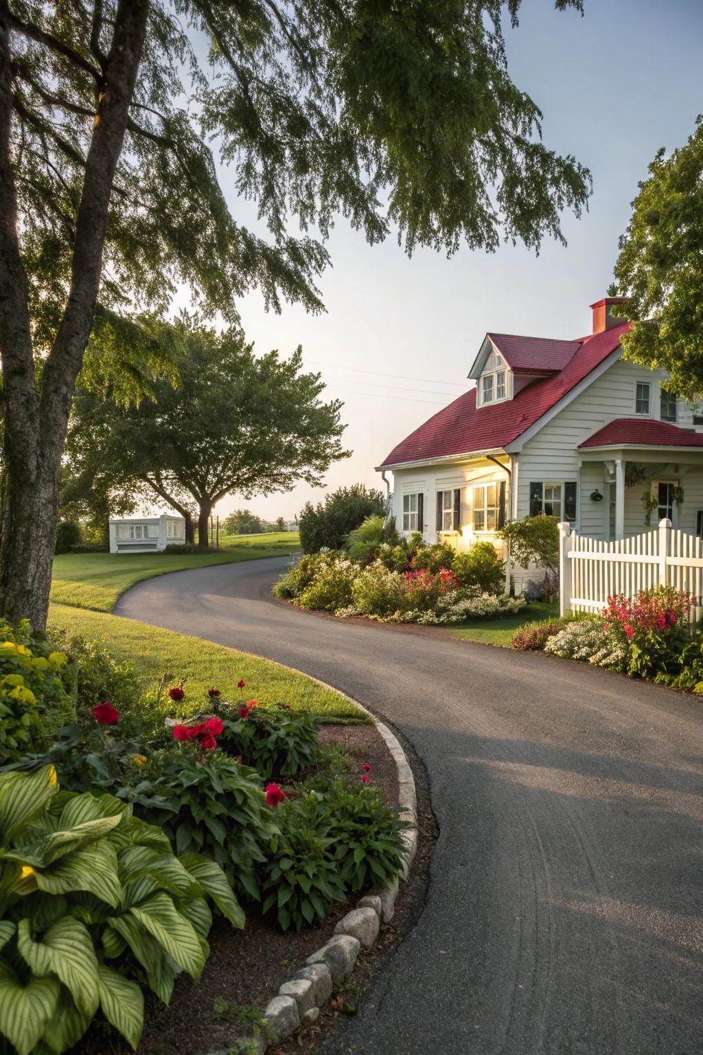 A driveway beautifully framed by lush green borders.