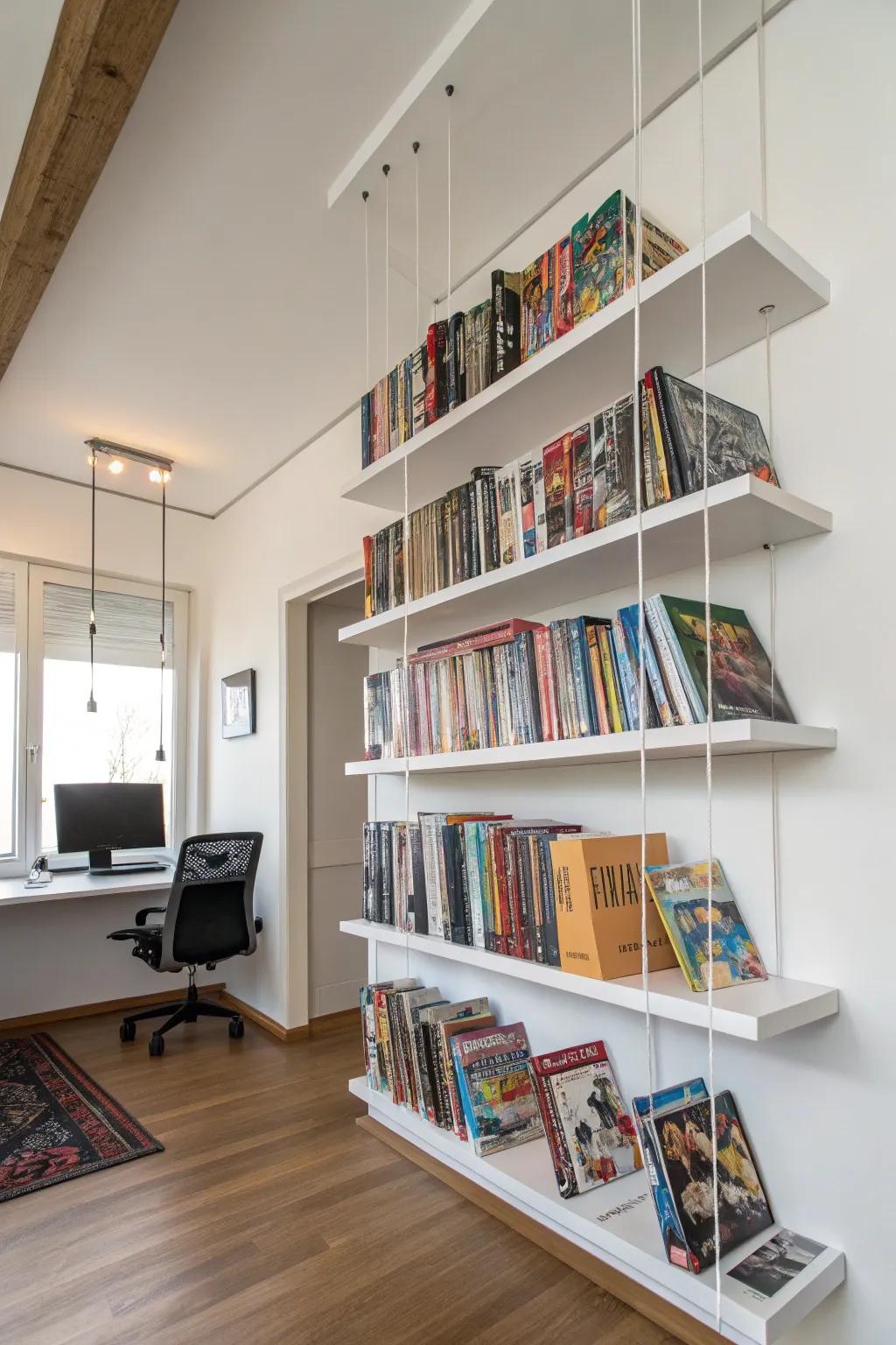 Floating bookshelves offer a sleek and modern comic storage solution.