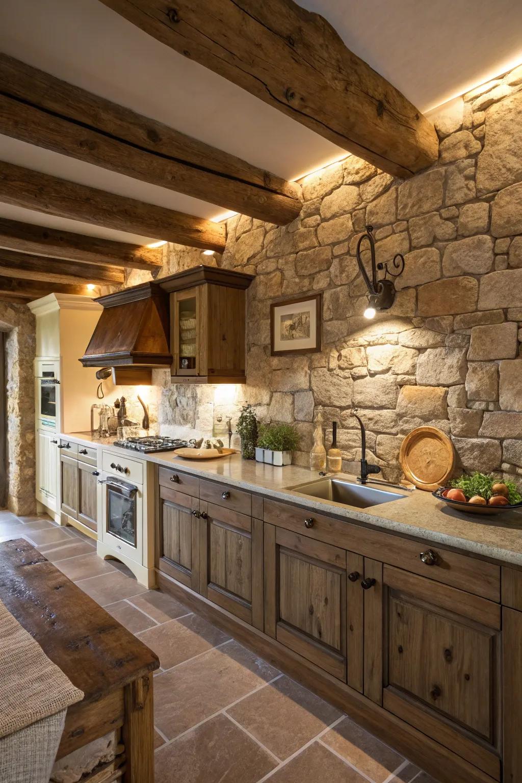 Rustic stone backsplash adds a cozy, cabin-like feel to this modern kitchen.