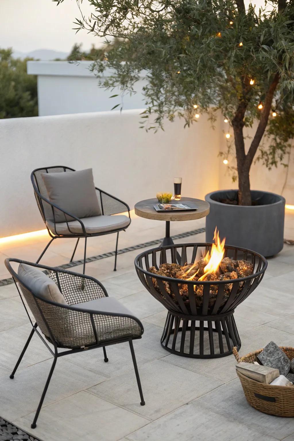 A modern fire pit basket adding a touch of elegance to a minimalist patio.
