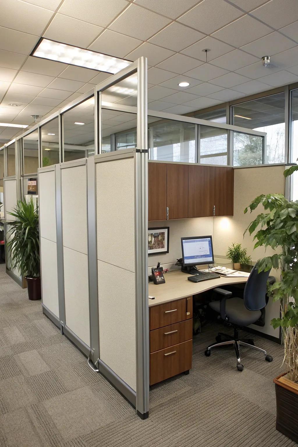 Sliding panels offer flexible privacy options in modern workspaces.