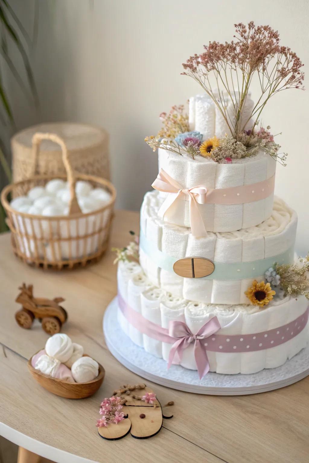 Crafted with love: A charming diaper cake that's both stylish and practical.
