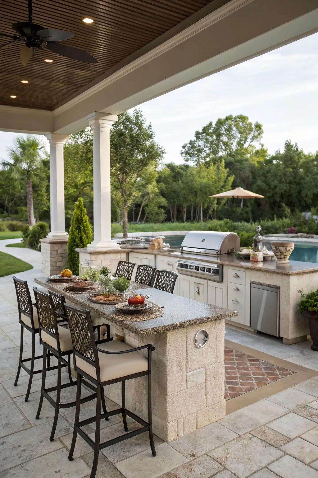 A social hub with dining and bar spaces near the pool.