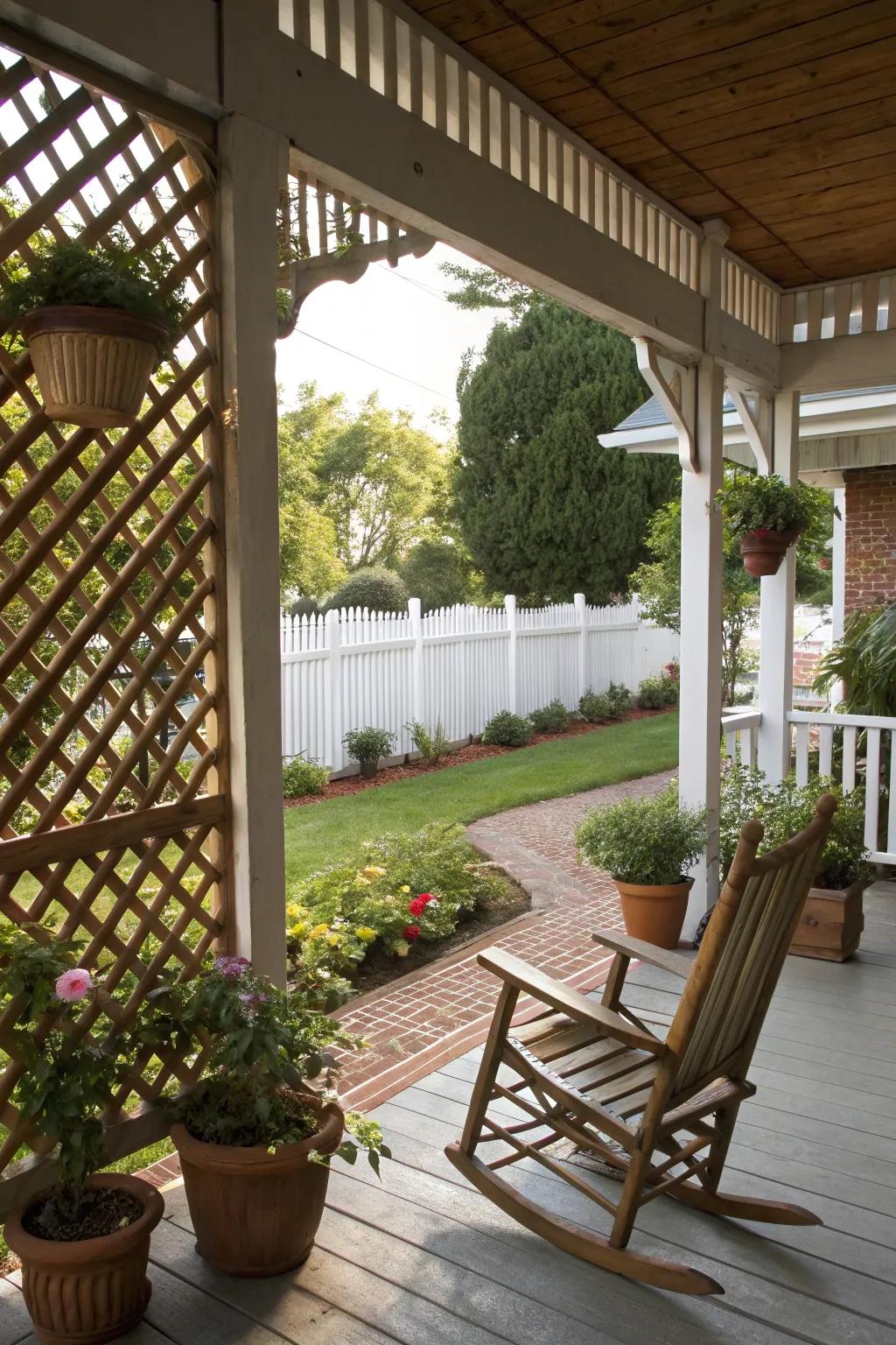 Bring warmth to your porch with rustic wooden lattice.