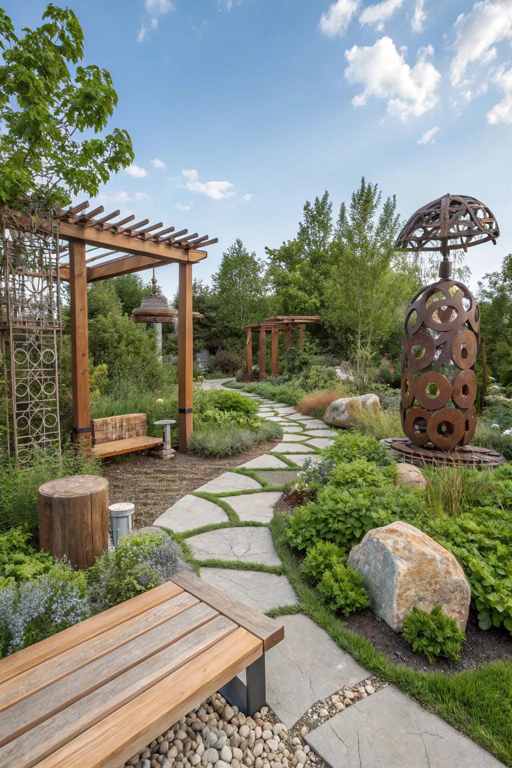 A garden with a unique mix of materials.
