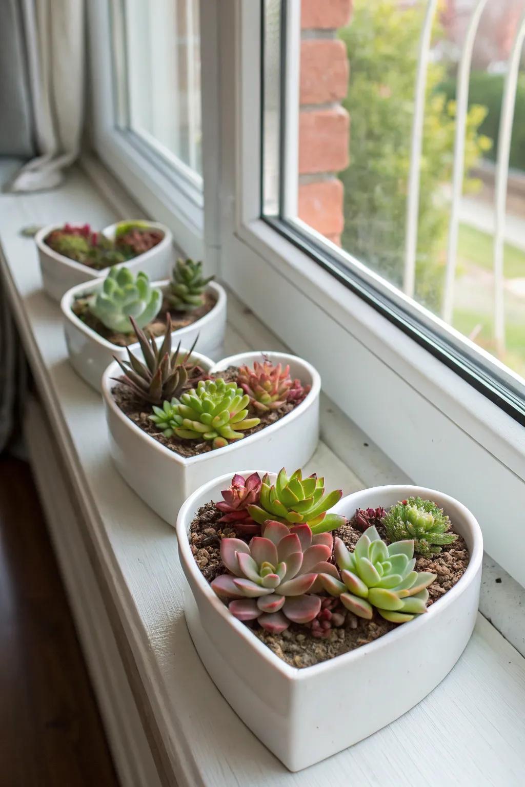 Heart-shaped planters showcasing beautiful succulents.