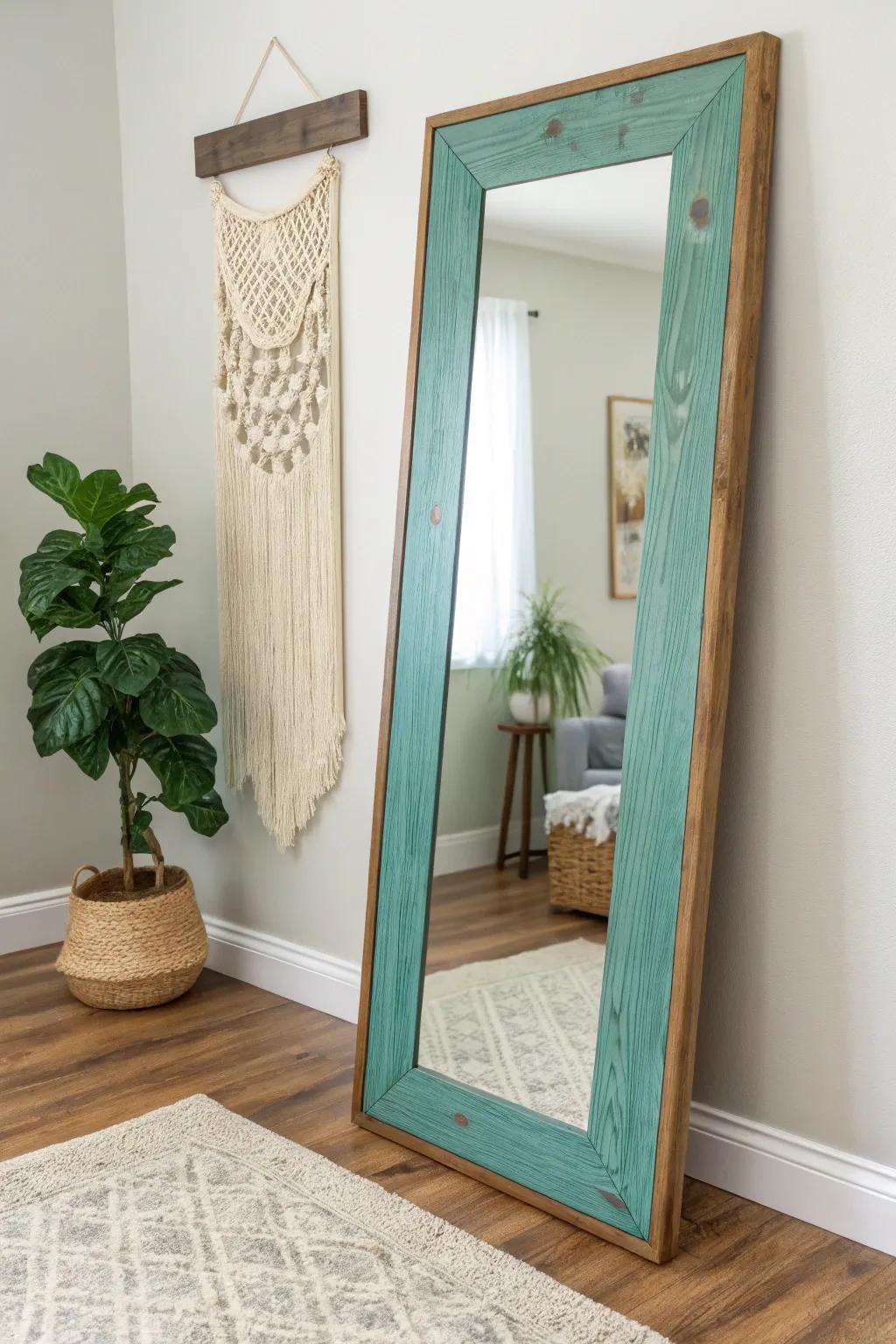 Add a splash of color to your minimalist haven with a handcrafted teal-stained mirror frame.
