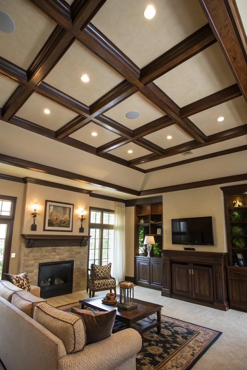 Dark beams create a striking contrast on a light coffered ceiling.
