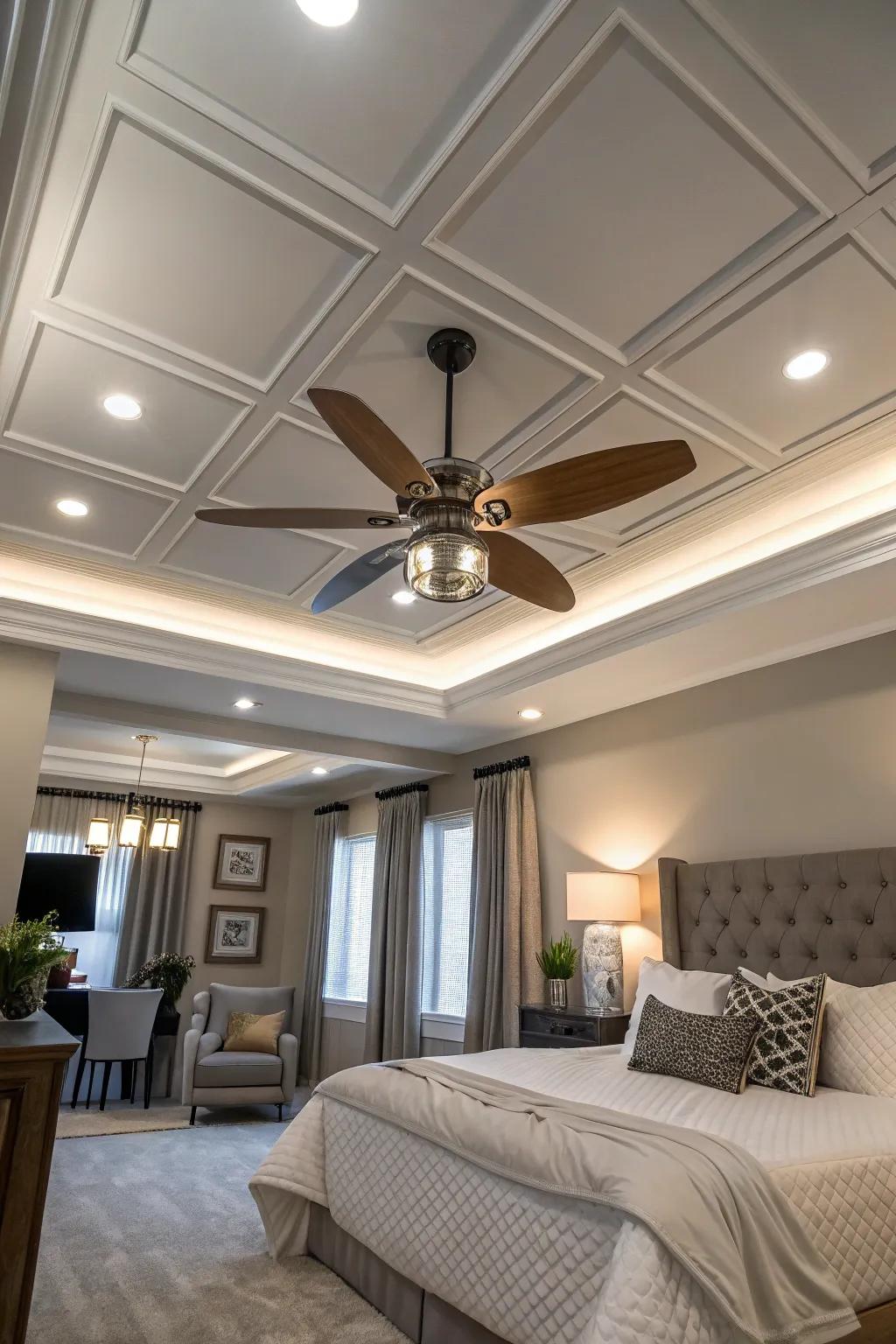 Ceiling fans fit perfectly into a well-designed coffered ceiling.