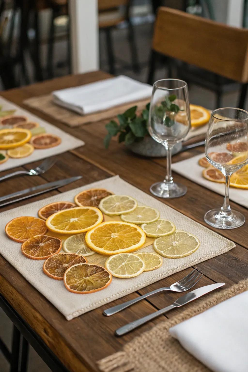 Colorful fruit slice placemats for a natural dining experience.