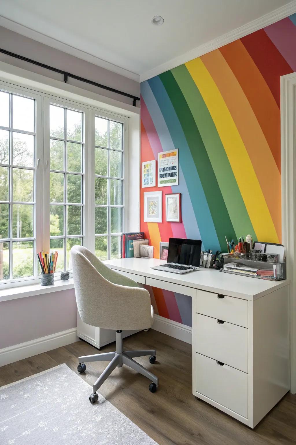 A rainbow wall boosts creativity and motivation in a home office.