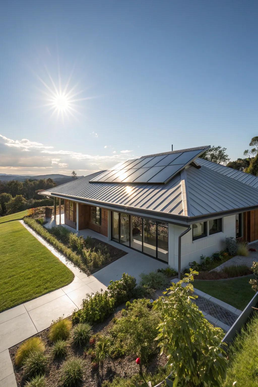 A home with an energy-efficient reflective metal roof.