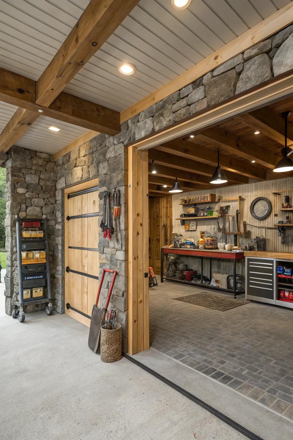A rustic garage with a blend of wood, metal, and stone materials.