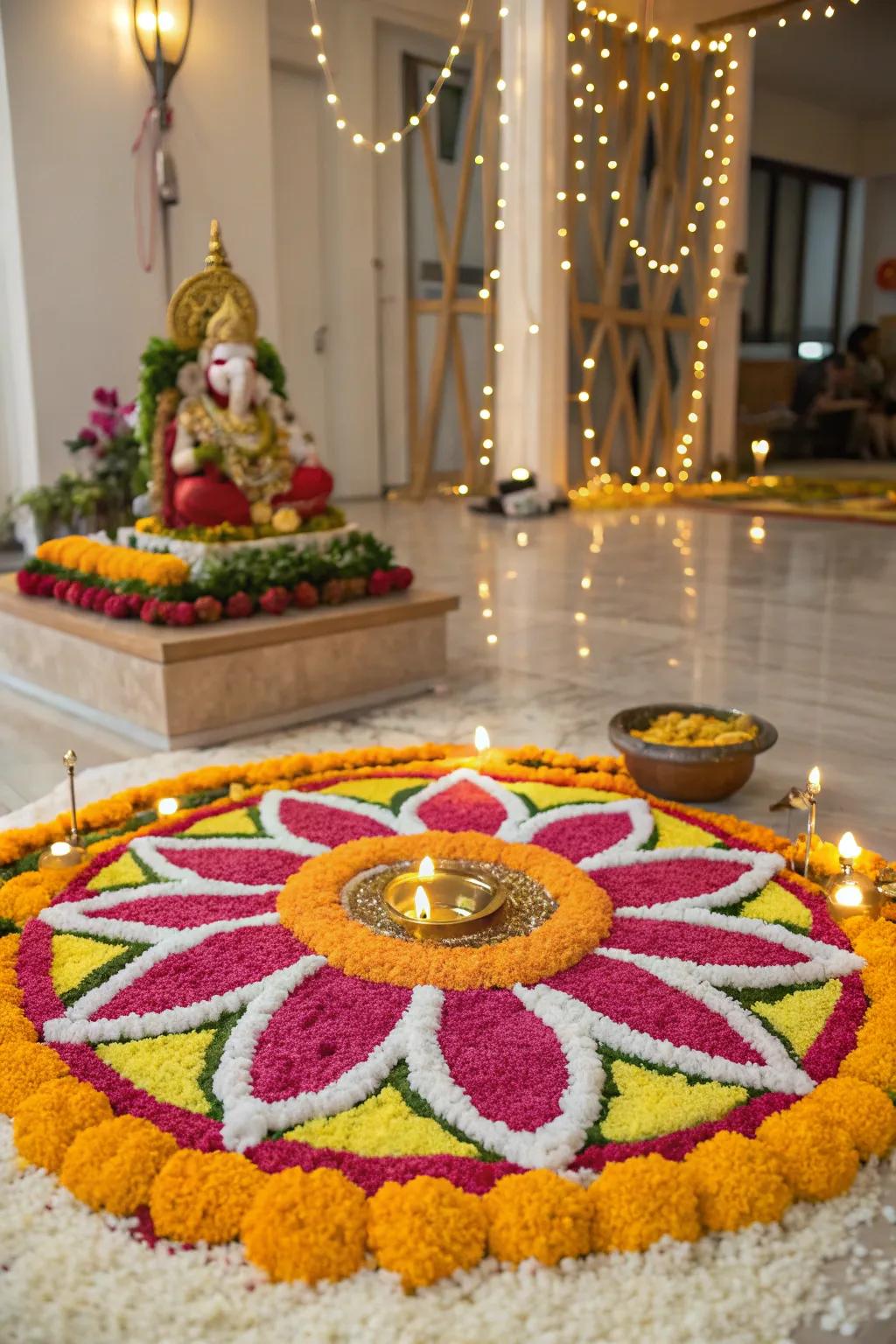 A vibrant floral rangoli adds tradition to this Ganpati setup.