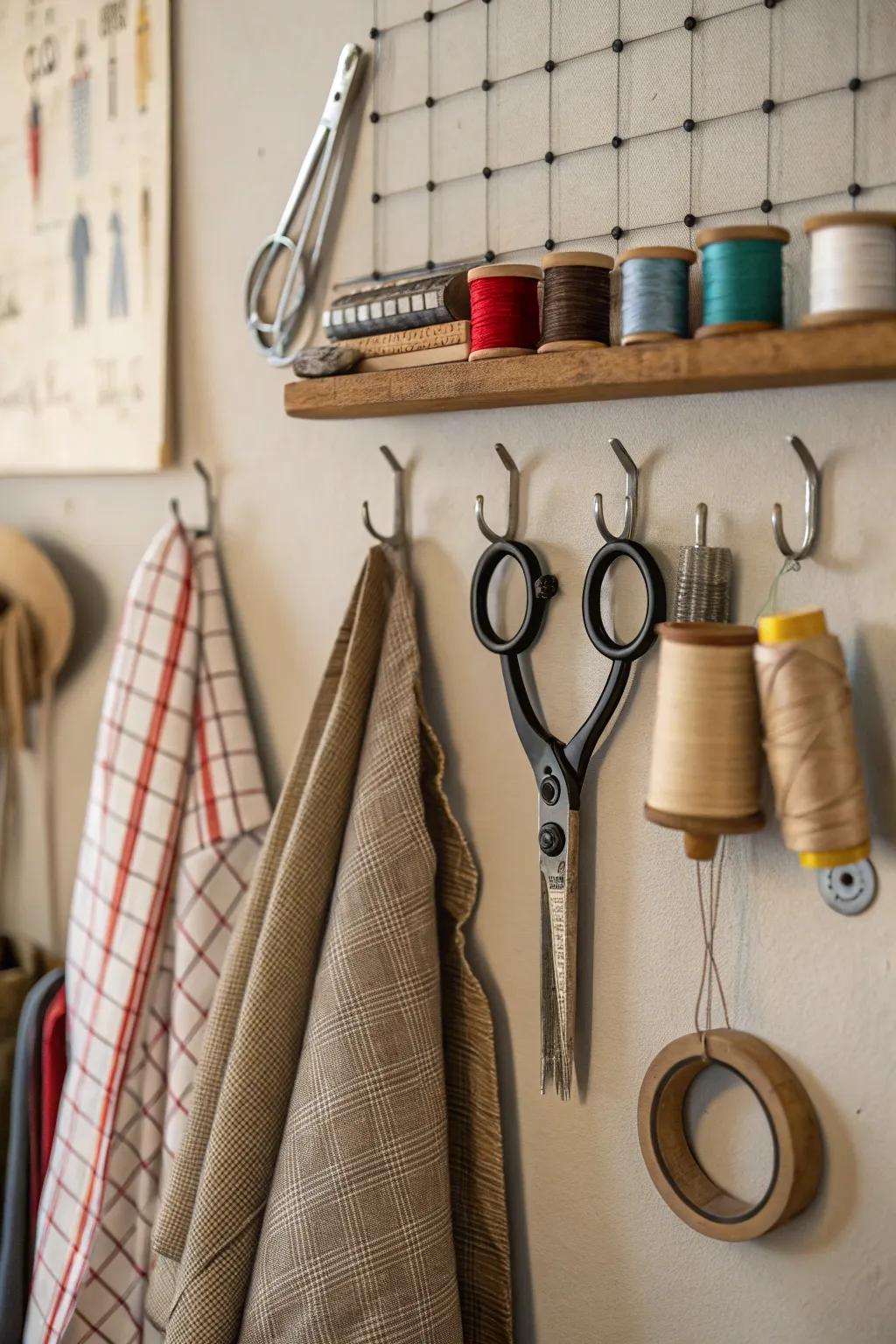 Hooks and hangers keeping sewing tools organized and accessible.
