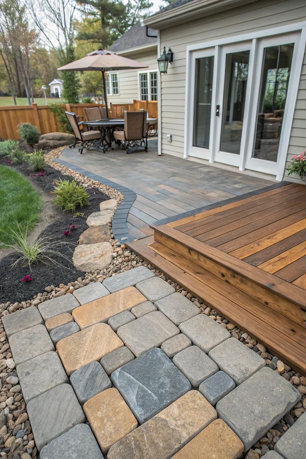 A dynamic paver patio using a mix of materials for added texture.