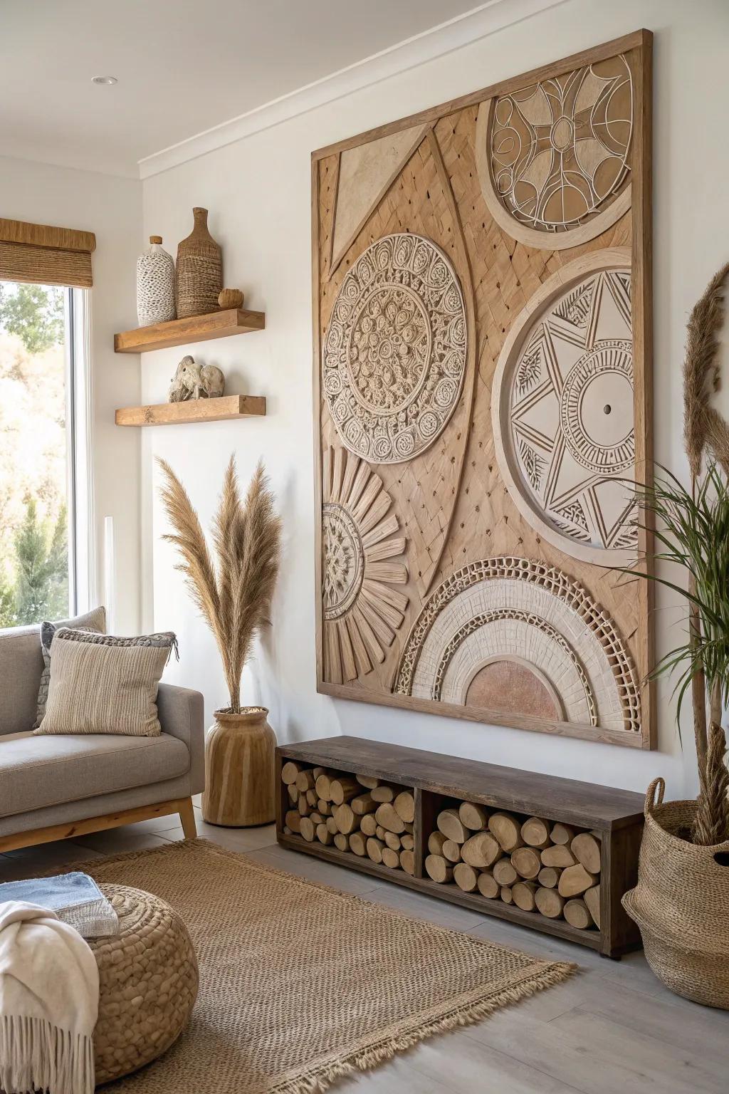 Discover the serene elegance of clay and wood harmony in your living space.