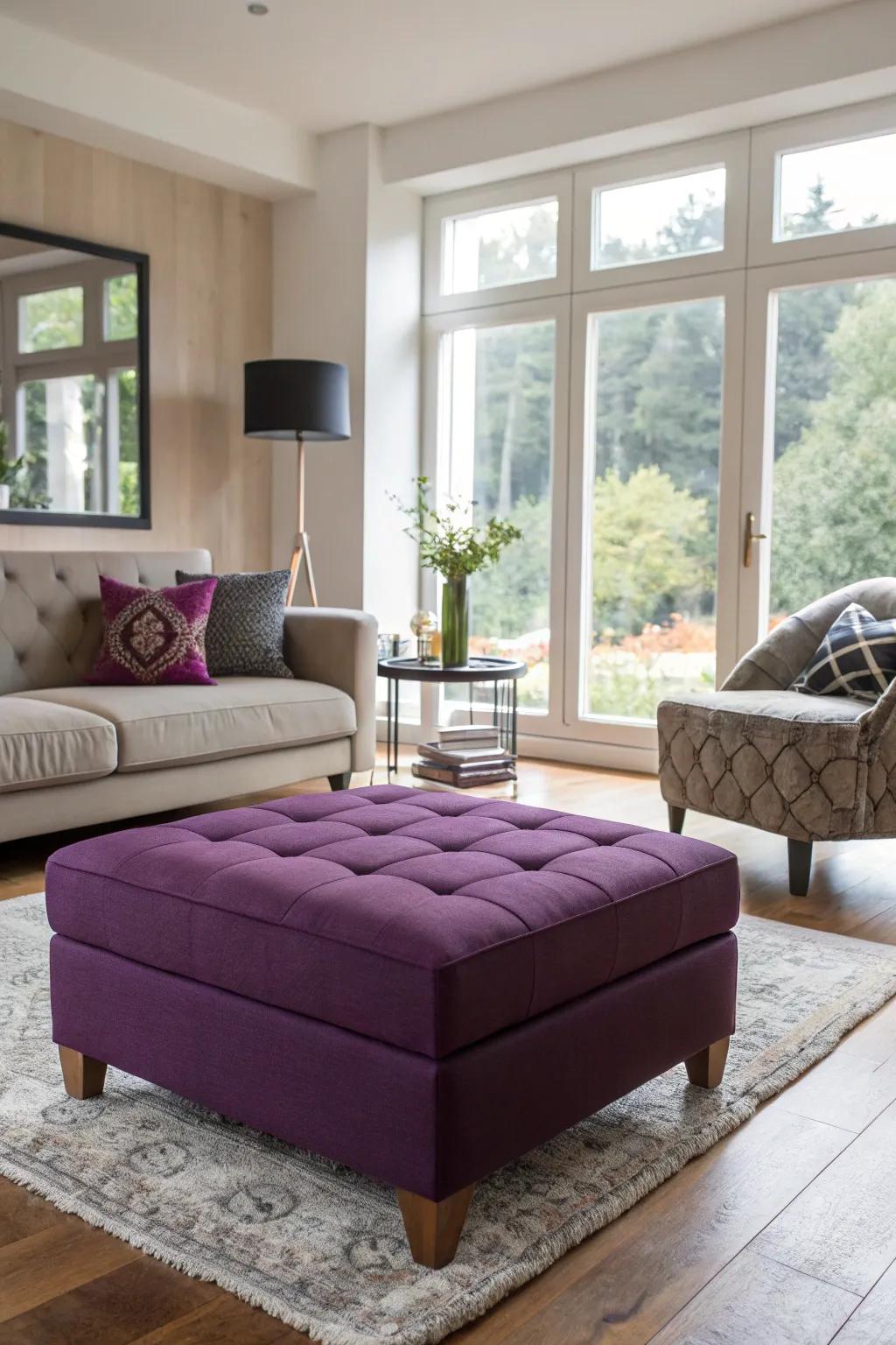 A purple ottoman adding versatility to the living room.
