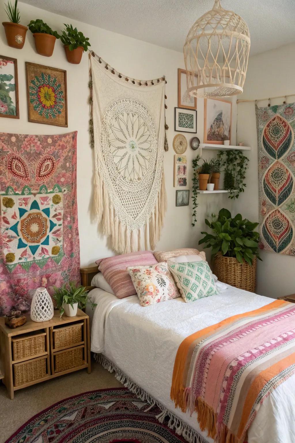 Macramé and dream catchers add authentic bohemian flair.