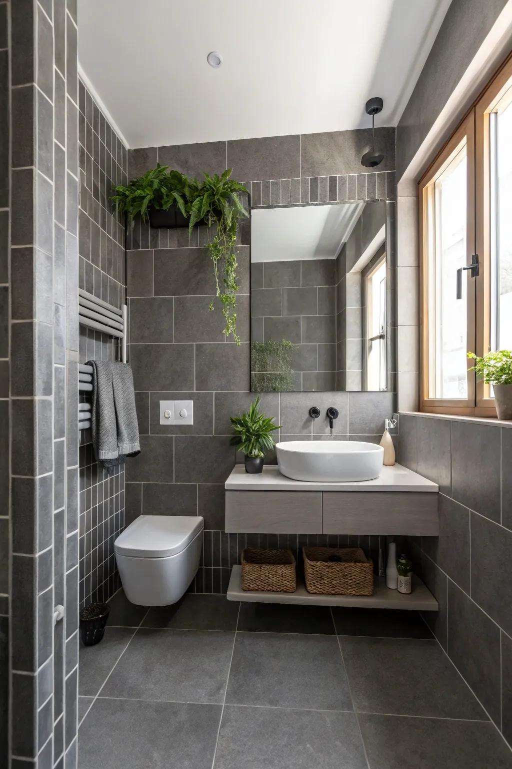 A calming bathroom featuring a monochromatic tile scheme and minimalist decor.