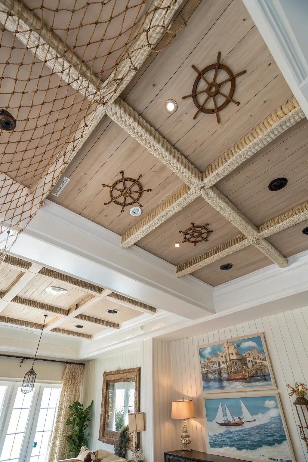 Nautical colors bring a coastal vibe to coffered ceilings.