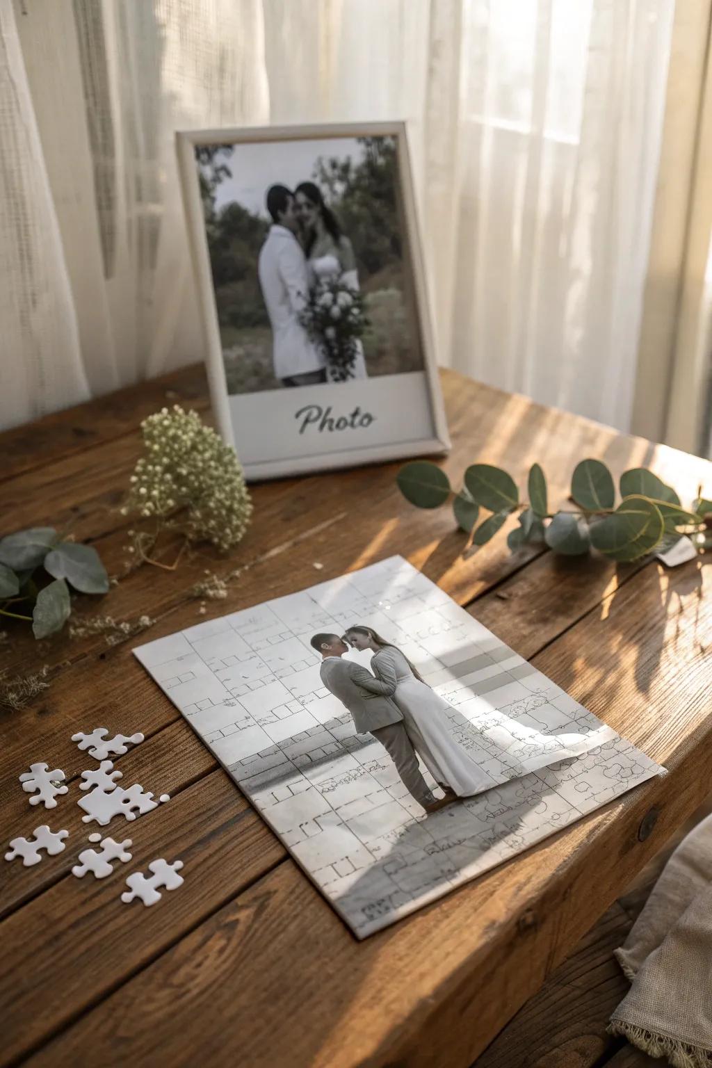 Piece together memories with a personalized jigsaw puzzle guest bookâan elegant way to relive the magic of your special day.