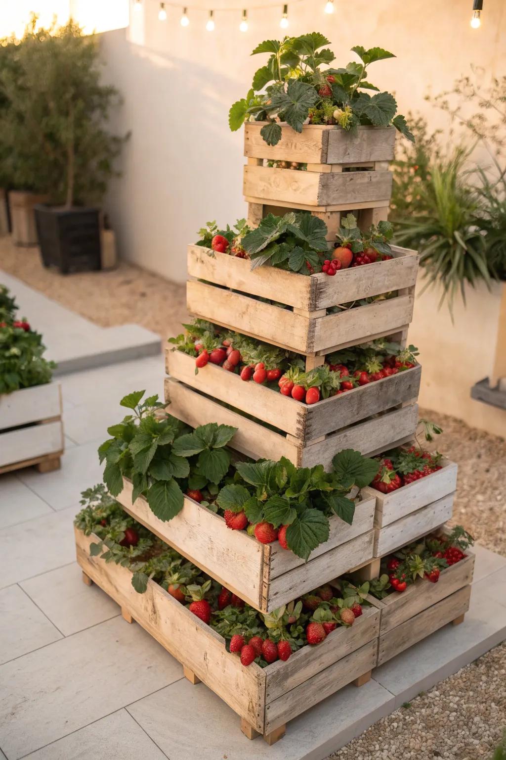 Elevate your garden's charm with a tiered strawberry tower that blends minimalism with a touch of boho elegance.