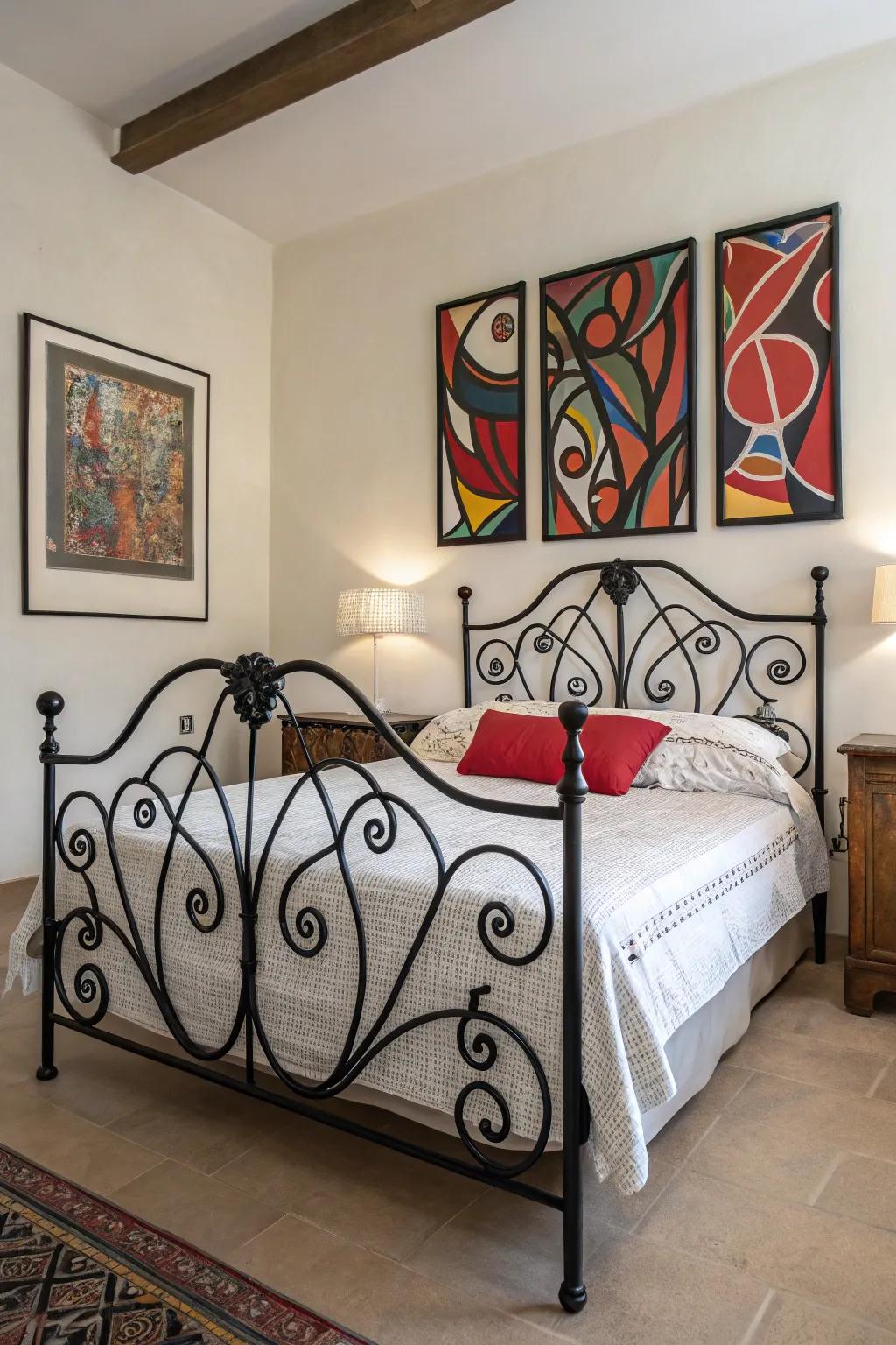 Art adds a striking visual element, enhancing the room's character.