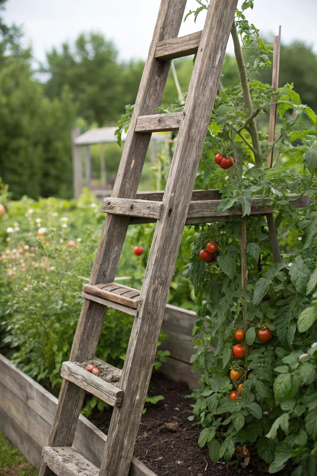 Embrace rustic elegance with a charming ladder trellis, perfect for supporting your lush tomato garden.