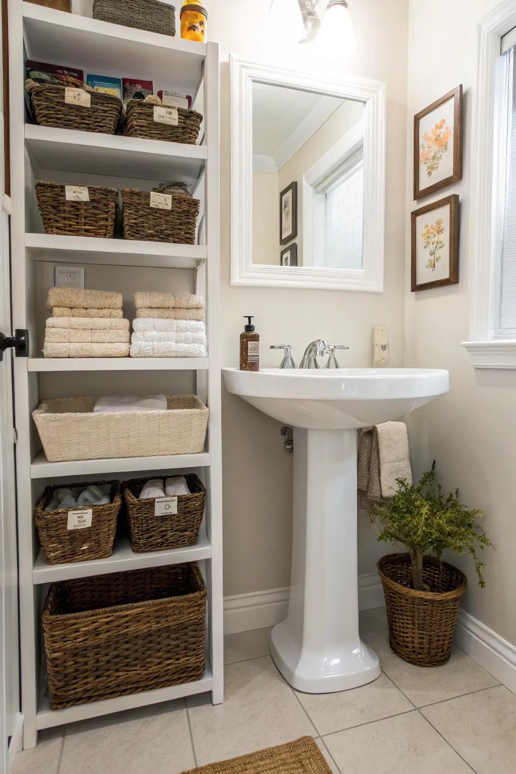 Bathroom with practical storage solutions around the pedestal sink.