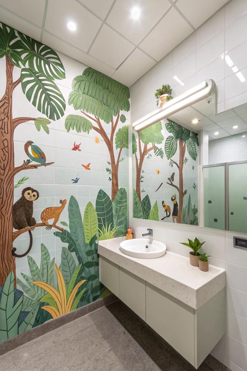 Themed wall art transforms the bathroom into a playful oasis.