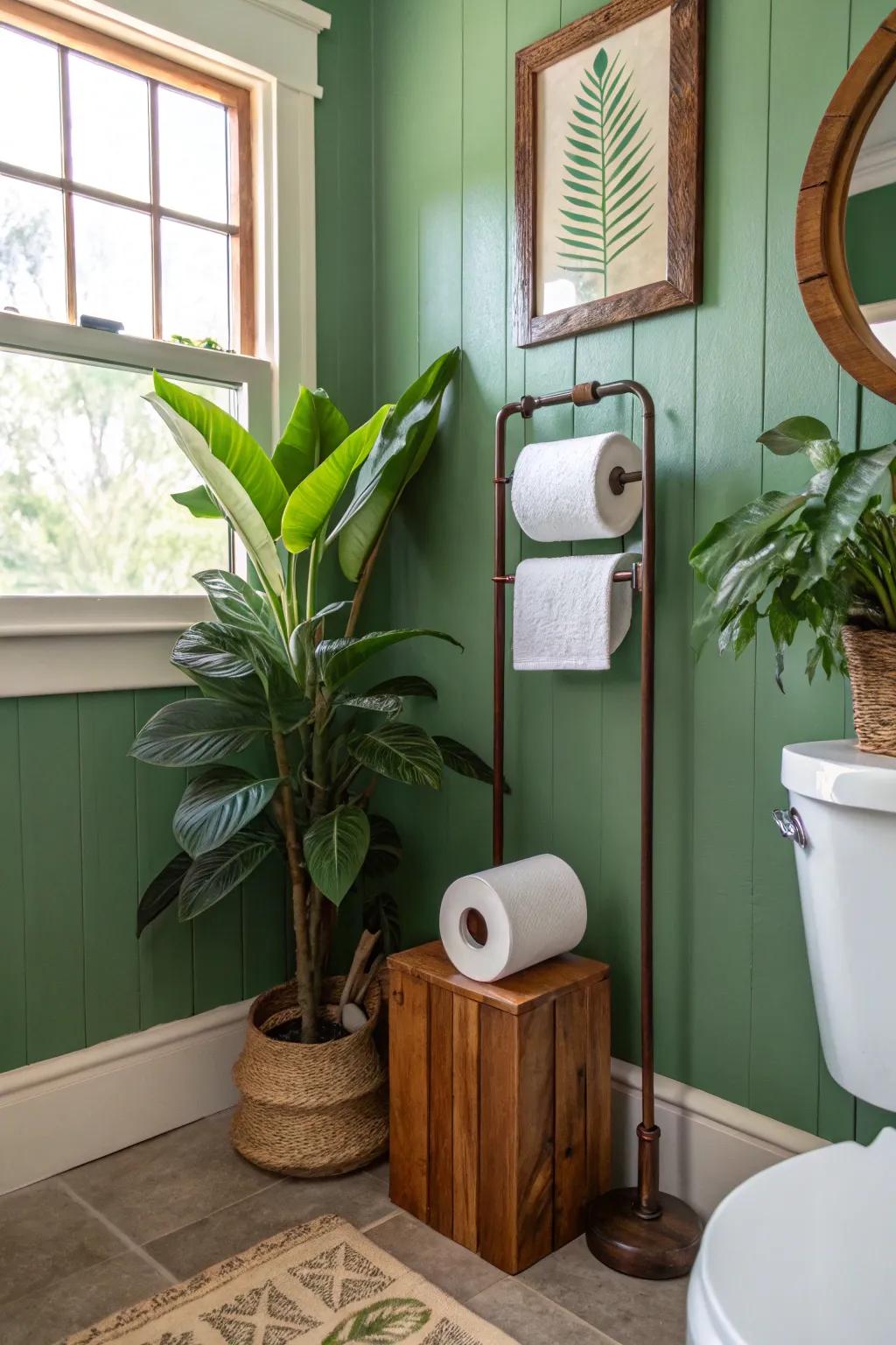 Houseplant holders bring fresh, natural elements to bathroom decor.