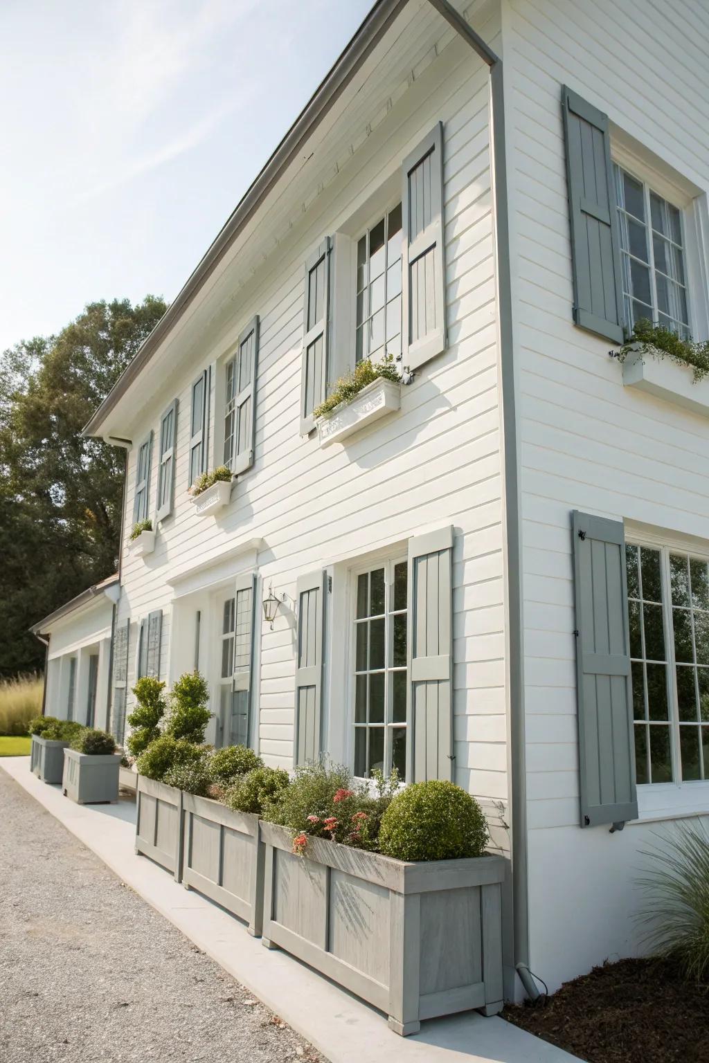 Light gray shutters add a modern farmhouse charm to this home.