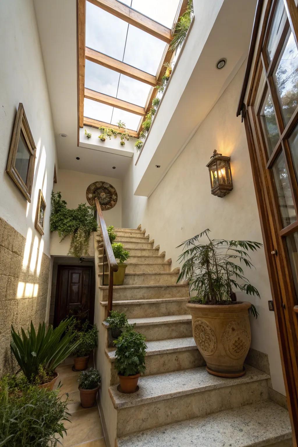 A skylight brightens and opens up a compact stairwell.