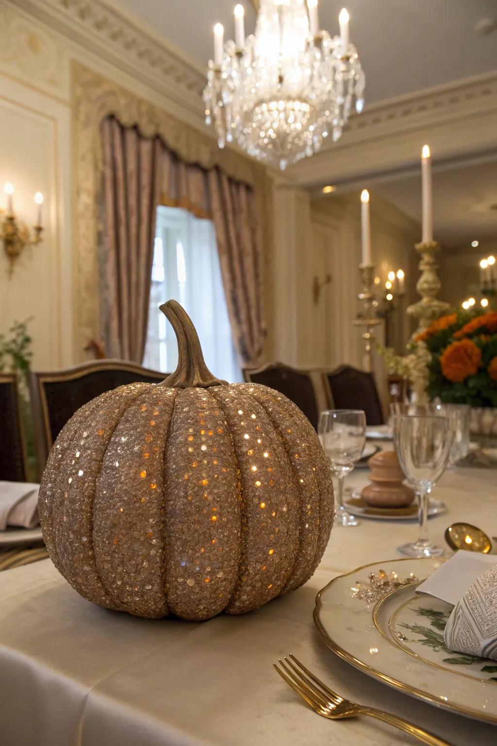 A sequin-covered pumpkin providing a glamorous sparkle to home dÃ©cor.